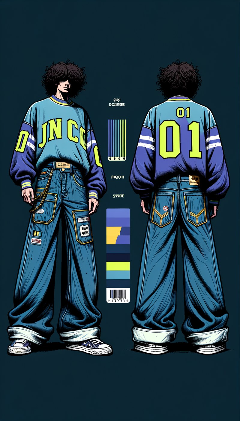 Dimitri back view — JNCO jeans with embroidered patches, late-90s rave and skate aesthetic