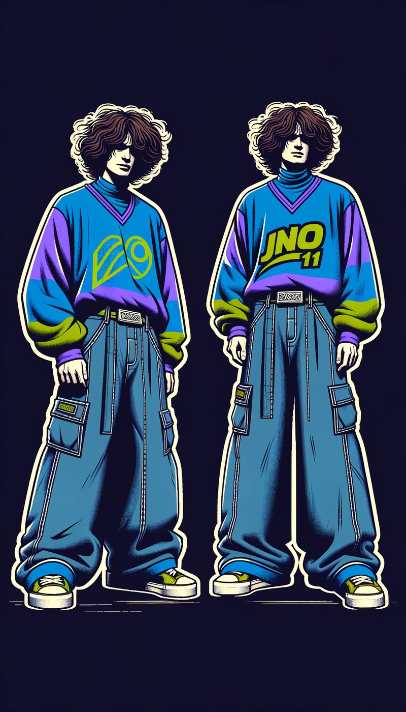 Dimitri front view — ultra wide-leg JNCO jeans and oversized jersey, Brooklyn skater style