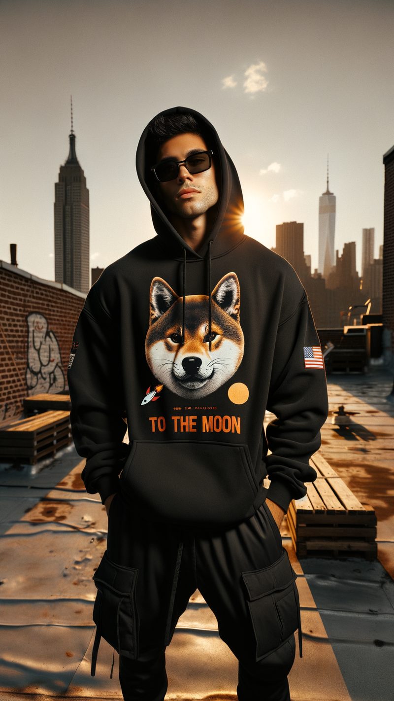 Model wearing MemeDrip Doge to the Moon Hoodie — Brooklyn rooftop golden hour editorial