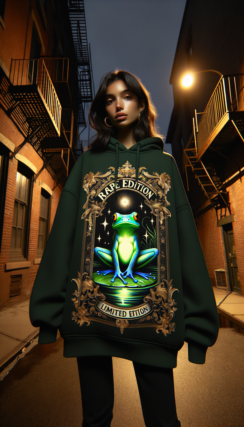 Model wearing MemeDrip Pepe Rare Edition Crewneck — Brooklyn fire escape dusk editorial