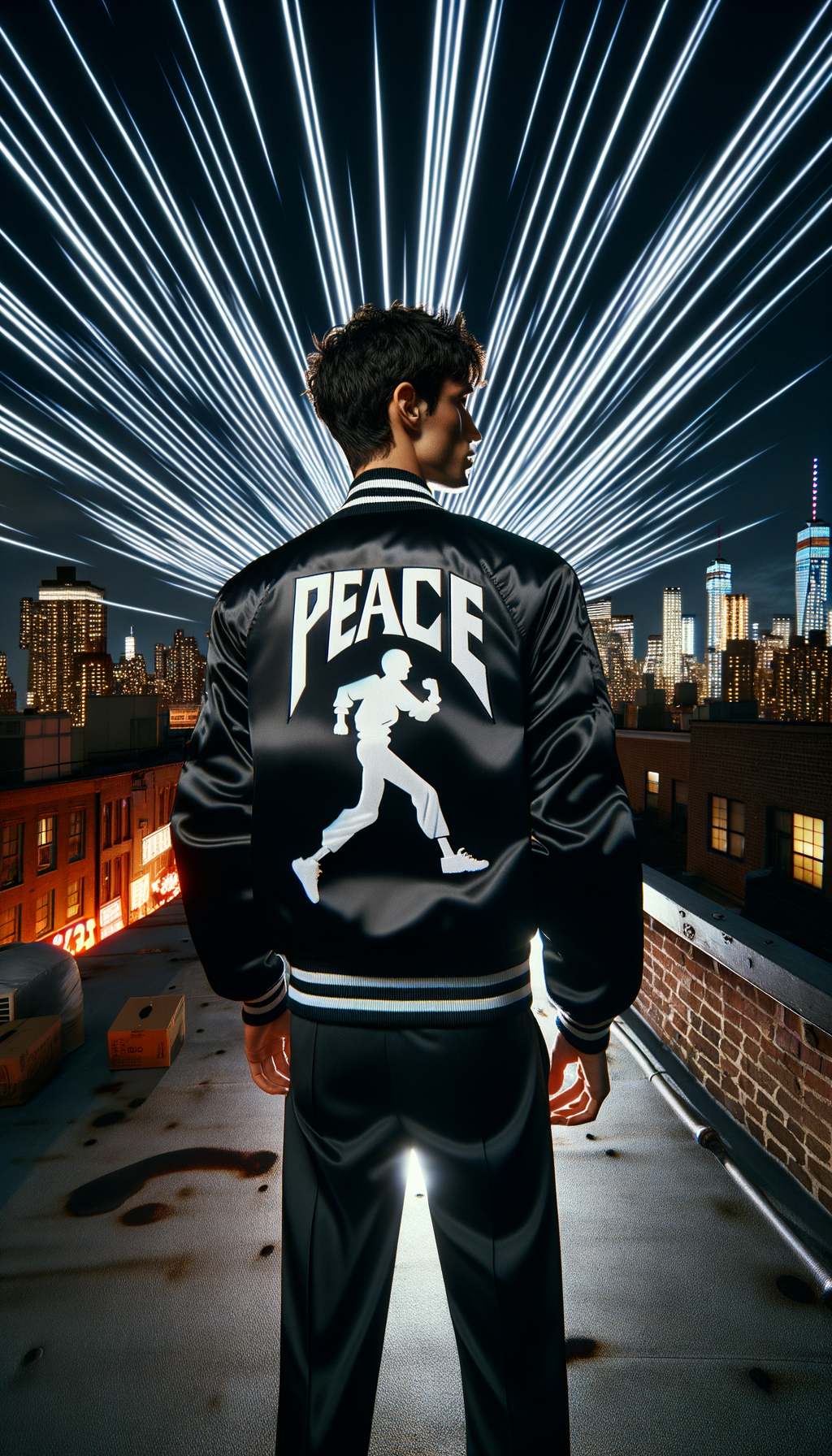 Model wearing MemeDrip Ight Imma Head Out SpongeBob Bomber — Manhattan neon night editorial