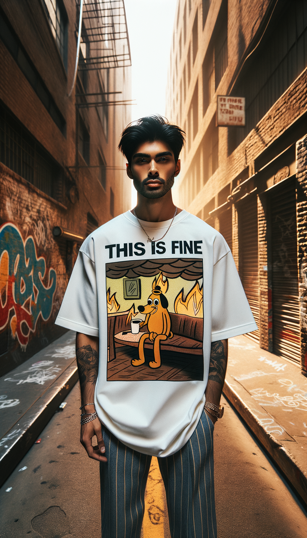 Model wearing MemeDrip This Is Fine Oversized Tee — Bushwick Brooklyn street editorial